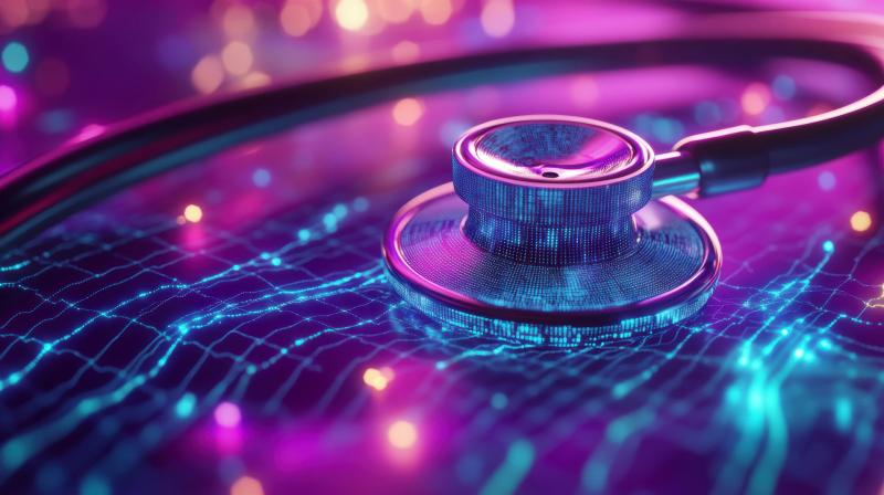 Stéthoscope posé sur un réseau lumineux symbolisant les données numériques de santé, dans une ambiance futuriste avec des teintes violettes et bleues. Stéthoscope posé sur un réseau lumineux symbolisant les données numériques de santé, dans une ambiance futuriste avec des teintes violettes et bleues.